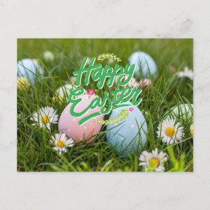 Happy Easter Colorful Painted Eggs and Flowers Postcard