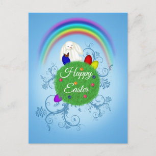 Happy Easter Colorful Planet & Rainbow Cute Bunny Holiday Postcard