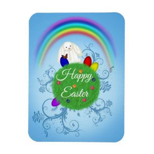 Happy Easter Colorful Planet & Rainbow Cute Bunny Magnet