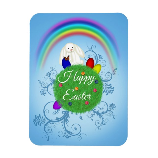 Happy Easter Colorful Planet & Rainbow Cute Bunny Magnet (Vertical)