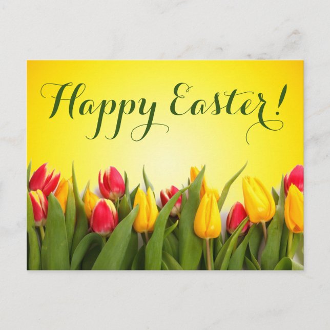 Happy Easter Colorful Spring Tulips Script Postcard (Front)