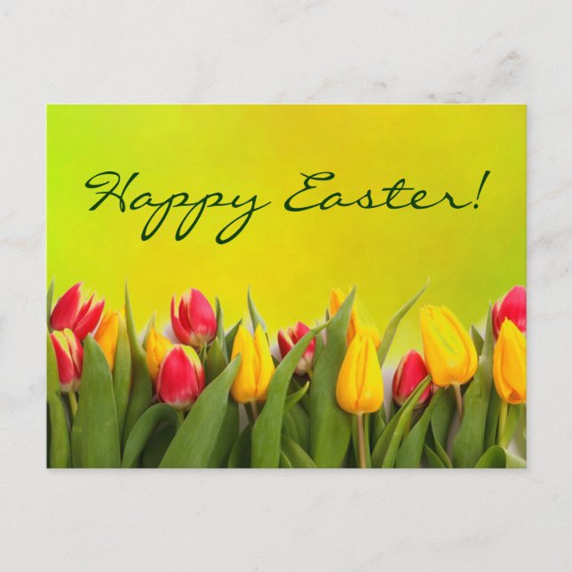 Happy Easter Colorful Spring Tulips Yellow Green Holiday Postcard (Front)