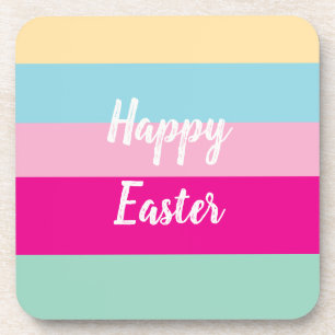 Happy Easter Colorful Stripes Pattern Beverage Coaster