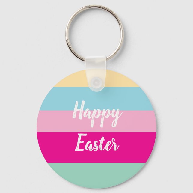 Happy Easter Colorful Stripes Pattern  Keychain (Front)