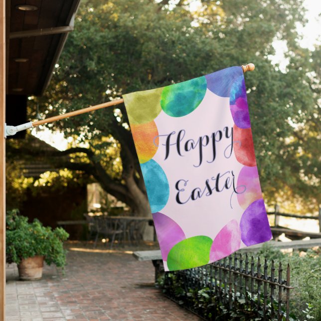 Happy Easter Colorful Watercolor Eggs House Flag (In SItu)