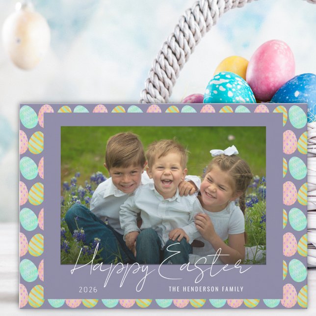Happy Easter colorful Watercolor Eggs Photo Holiday Card (Watercolor Easter egg pattern photo happy Easter holiday flat greetings card)