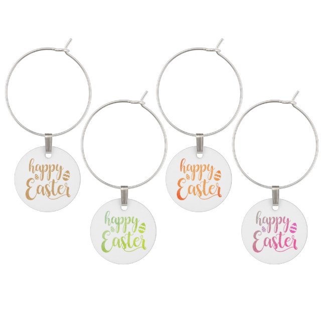 Happy Easter Colourful Easter Egg Typography Wine Glass Charm (Staggered)