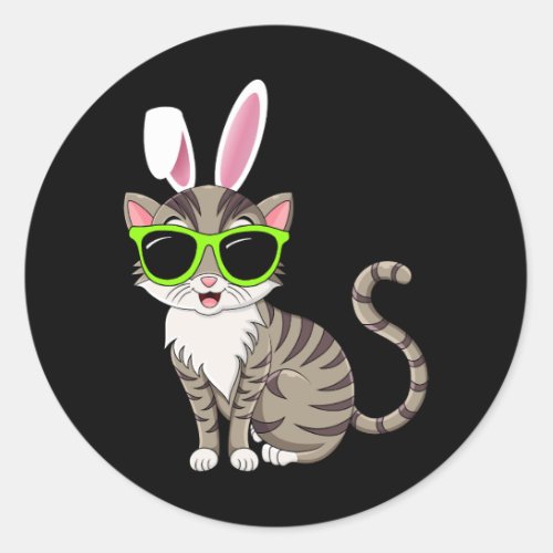 Happy Easter Cool Cat With Bunny Ears and Glasses  Classic Round Sticker