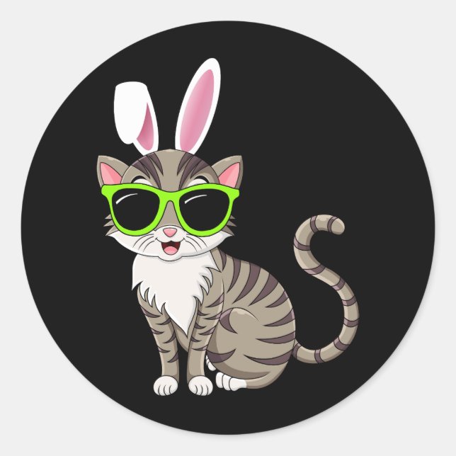 Happy Easter Cool Cat With Bunny Ears and Glasses  Classic Round Sticker (Front)