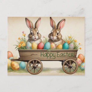 Happy Easter Country Bunnies on the Wagon Holiday Postcard
