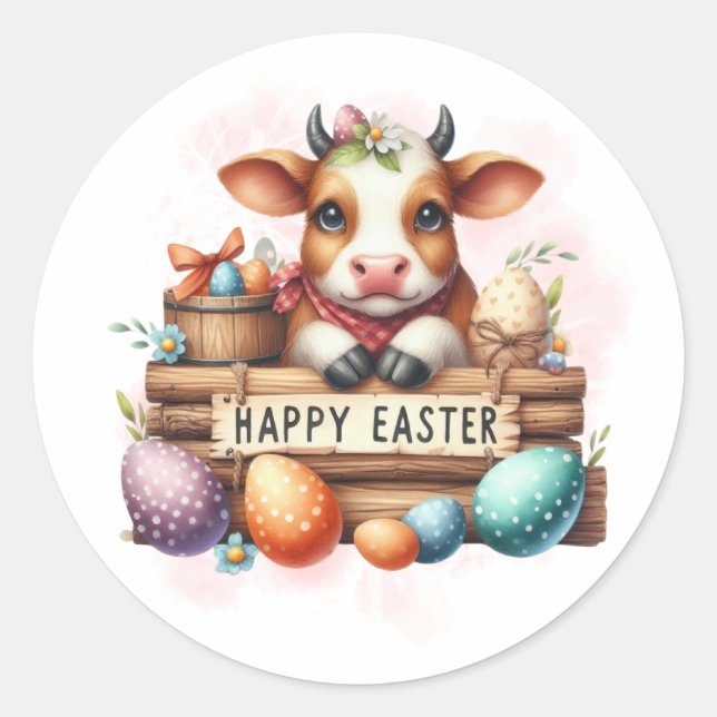 Happy Easter Cow and Eggs Classic Round Sticker (Front)