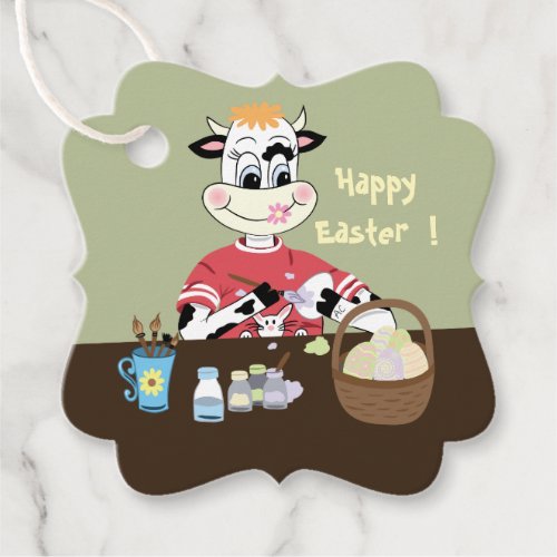 Happy Easter cow painting eggs favor tags