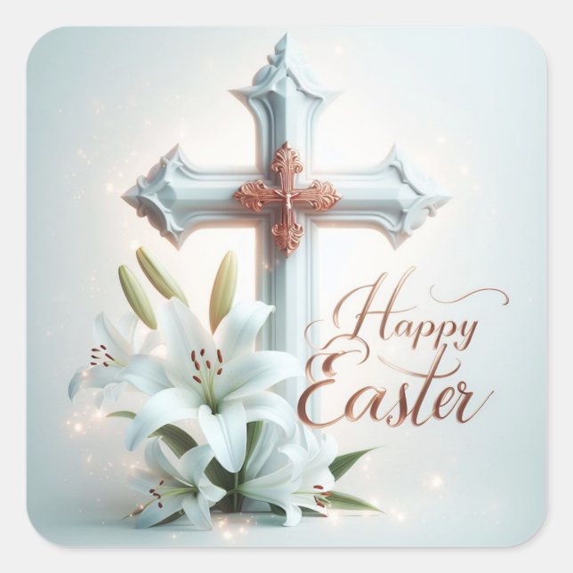 Happy Easter, Cross and Lilies  Square Sticker (Front)