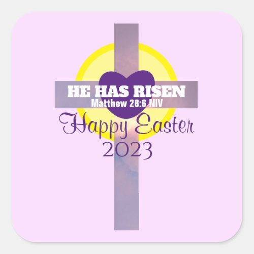 Happy Easter Cross Bible Verse Custom Year Purple Square Sticker
