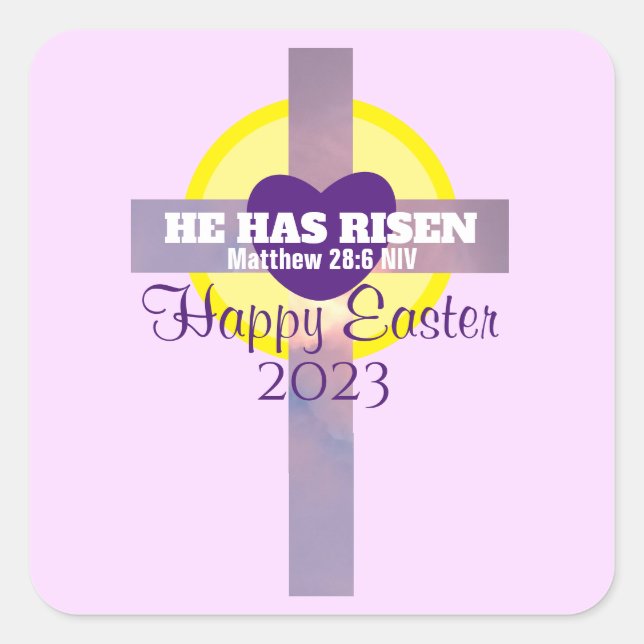 Happy Easter Cross Bible Verse Custom Year Purple Square Sticker (Front)