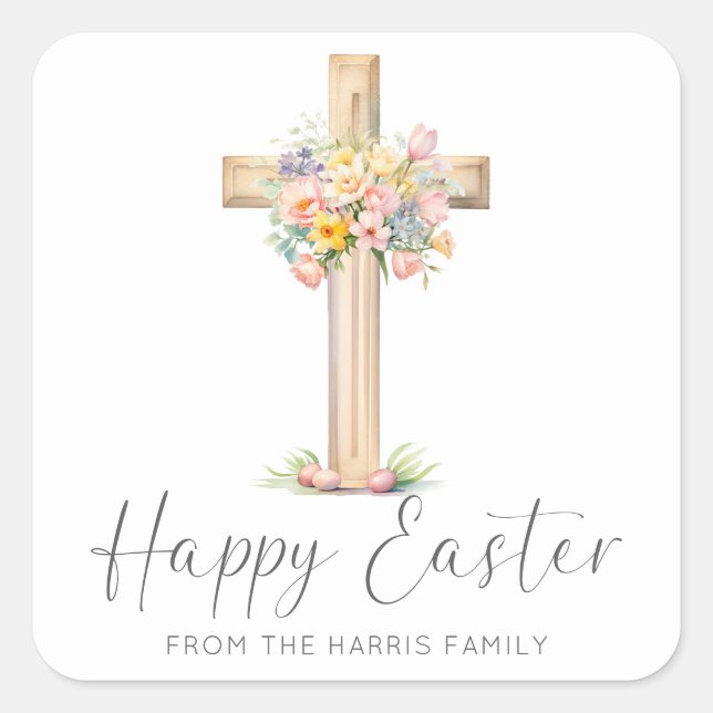 Happy Easter Cross Floral Square Sticker (Front)