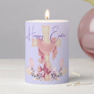 Happy Easter Cross & Flowers Lavender Pillar Candle
