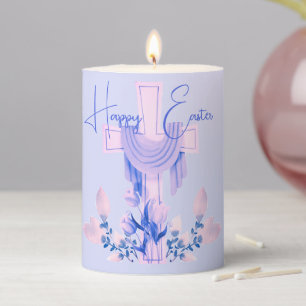 Happy Easter Cross & Flowers Lavender Pillar Candle