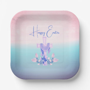 Happy Easter Cross & Flowers Paper Plates