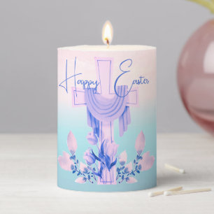 Happy Easter Cross & Flowers Pillar Candle
