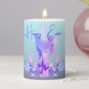 Happy Easter Cross & Flowers Pillar Candle