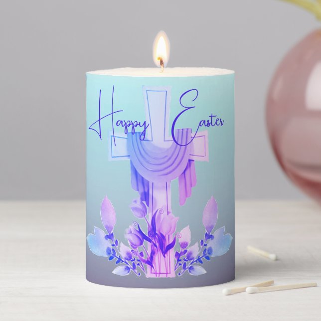 Happy Easter Cross & Flowers Pillar Candle (In Situ)