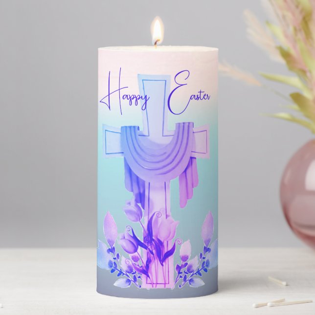 Happy Easter Cross & Flowers Pillar Candle (In Situ)