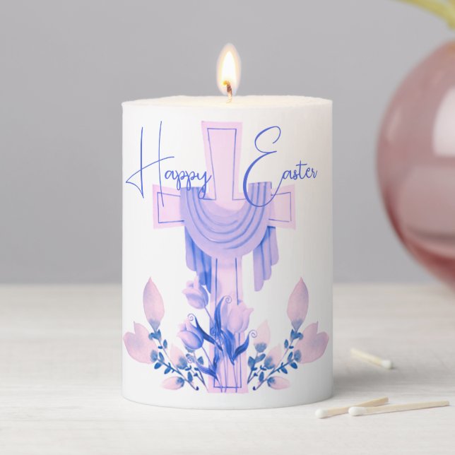 Happy Easter Cross & Flowers Pillar Candle (In Situ)