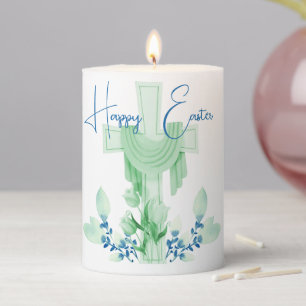 Happy Easter Cross & Flowers Pillar Candle
