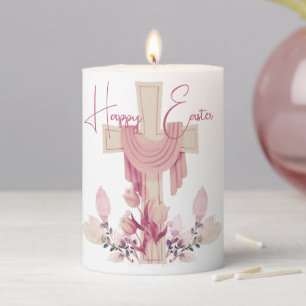 Happy Easter Cross & Flowers White Pillar Candle
