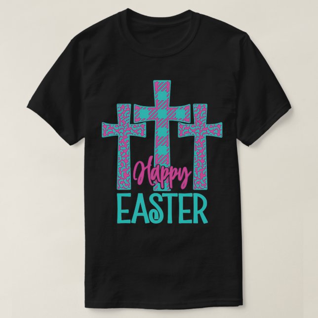 Happy Easter Cross Leopard Plaid Jesus 1 T-Shirt (Design Front)