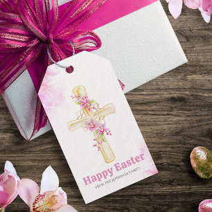 Happy Easter Cross Pink Floral orchid flowers Gift Tags
