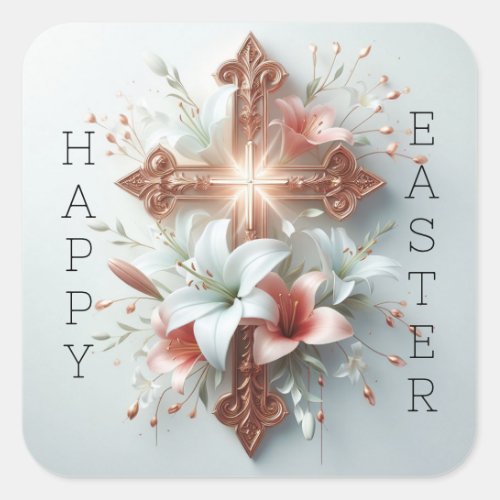 Happy Easter Cross with Easter Lilies  Square Sticker