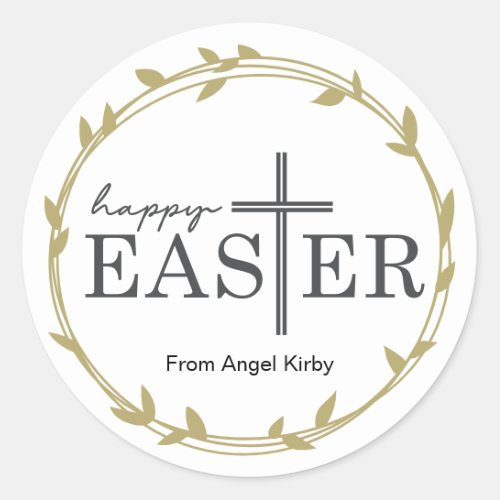 Happy Easter Cross with golden leaf border Classic Round Sticker