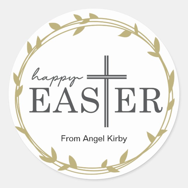 Happy Easter Cross, with golden leaf border, Classic Round Sticker (Front)