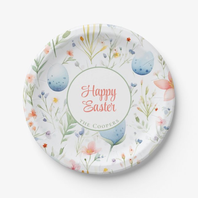 Happy Easter | Custom Name | Floral Paper Plates (Front)