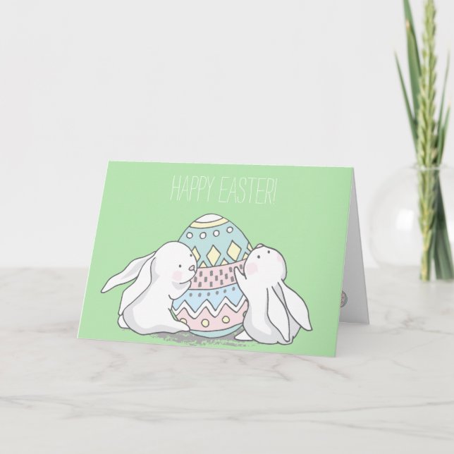 Happy Easter! Cute Baby Bunnies - Green Holiday Card (Front)