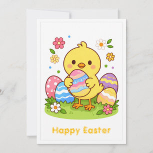 Happy Easter Cute Baby Chick Colorful Eggs Spring Holiday Card