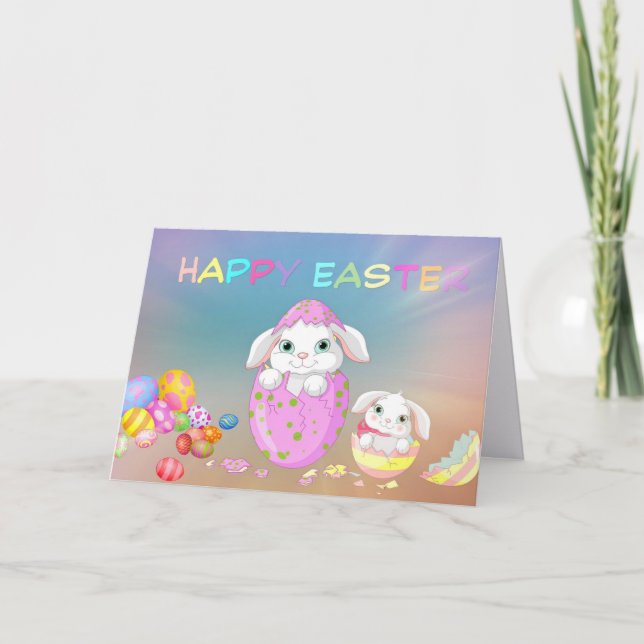 Happy Easter Cute Bunnies and Easter Eggs  Card (Front)