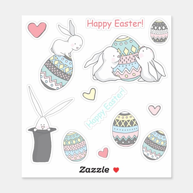 Happy Easter! Cute Bunnies and Easter Eggs