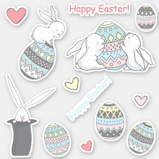 Happy Easter! Cute Bunnies and Easter Eggs Sticker