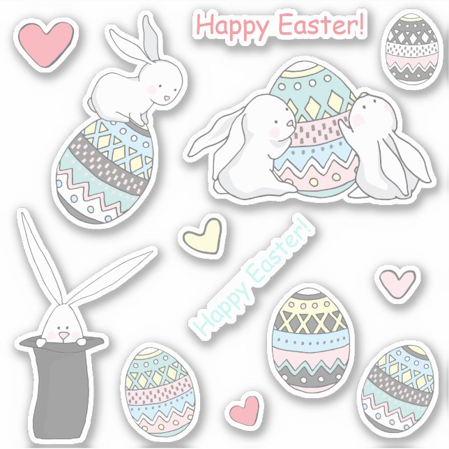 Happy Easter! Cute Bunnies and Easter Eggs Sticker (Front)