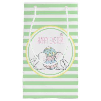 Happy Easter | Cute Bunnies & Green Stripes Small Gift Bag