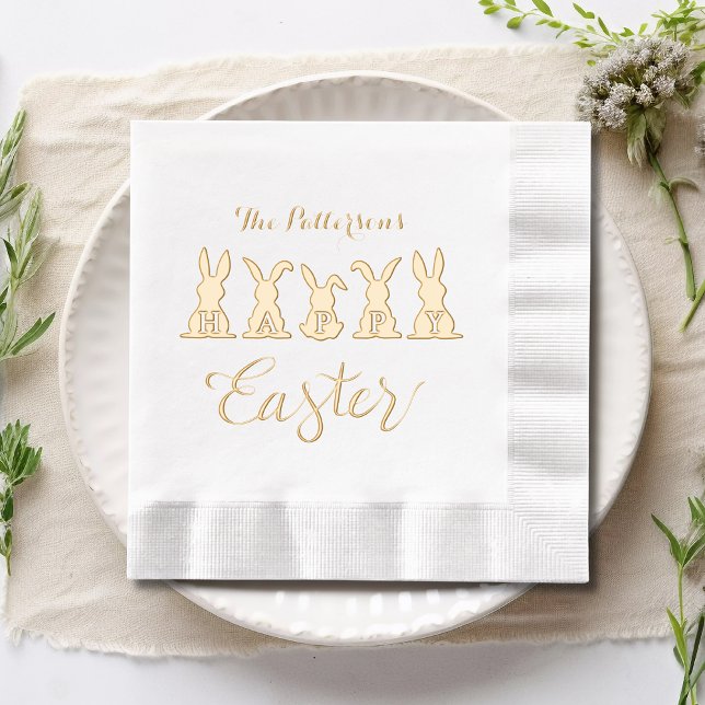 Happy Easter Cute Bunnies Personalized Name Foil Napkins (Creator Uploaded)