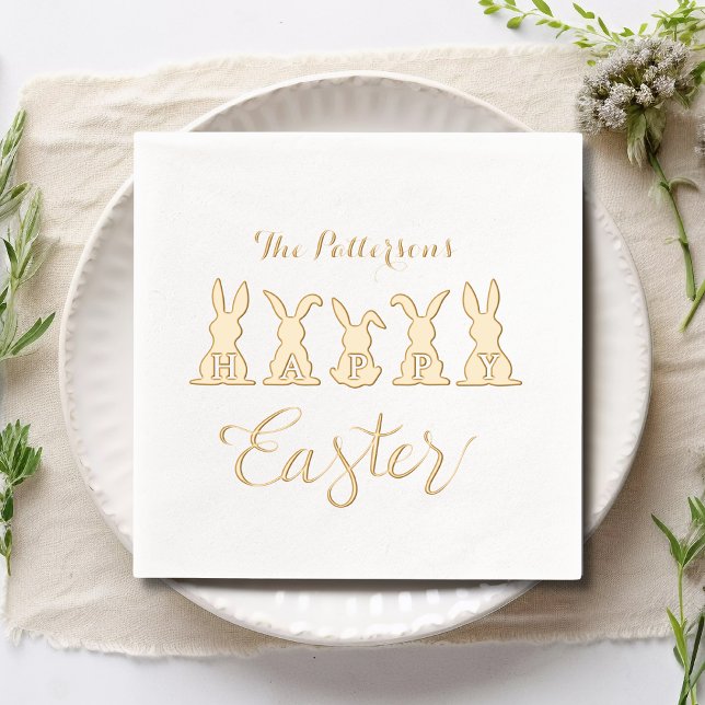 Happy Easter Cute Bunnies Personalized Name Foil Napkins (Creator Uploaded)