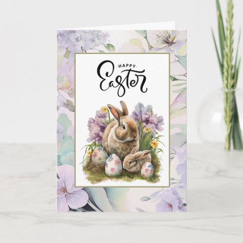 Happy Easter Cute Bunnies with Eggs Holiday Card