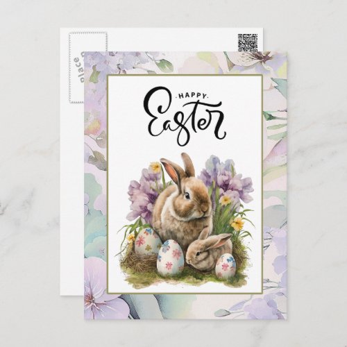 Happy Easter Cute Bunnies with Eggs Holiday Postcard