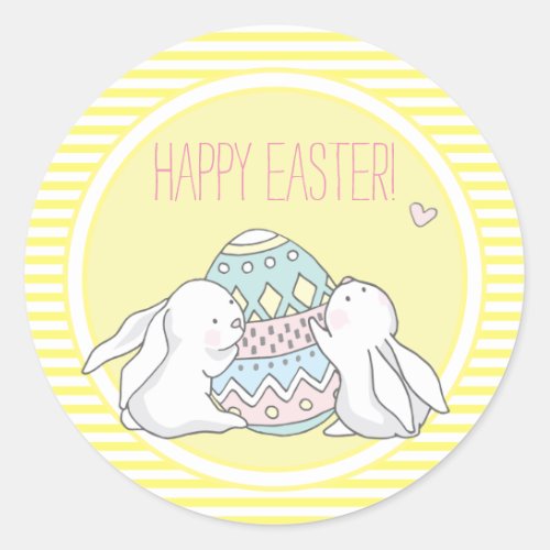 Happy Easter  Cute Bunnies  Yellow Stripes  Classic Round Sticker