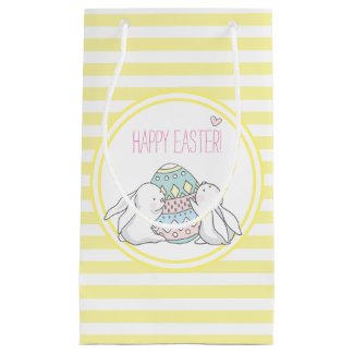 Happy Easter | Cute Bunnies & Yellow Stripes Small Gift Bag