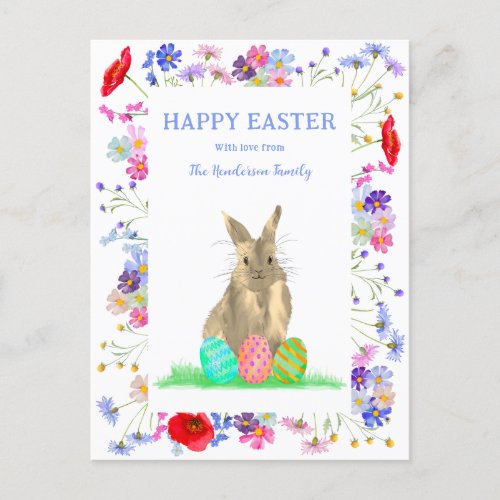 Happy Easter Cute Bunny and Eggs Boho Floral Holiday Postcard
